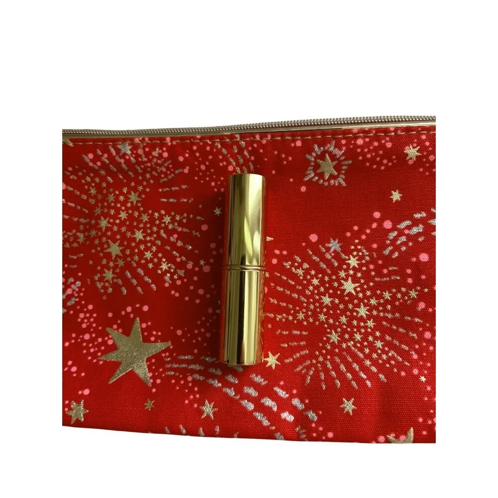 Estée Lauder Red & Gold Starburst Zip Top Cosmetic Bag + Bonus Lipstick